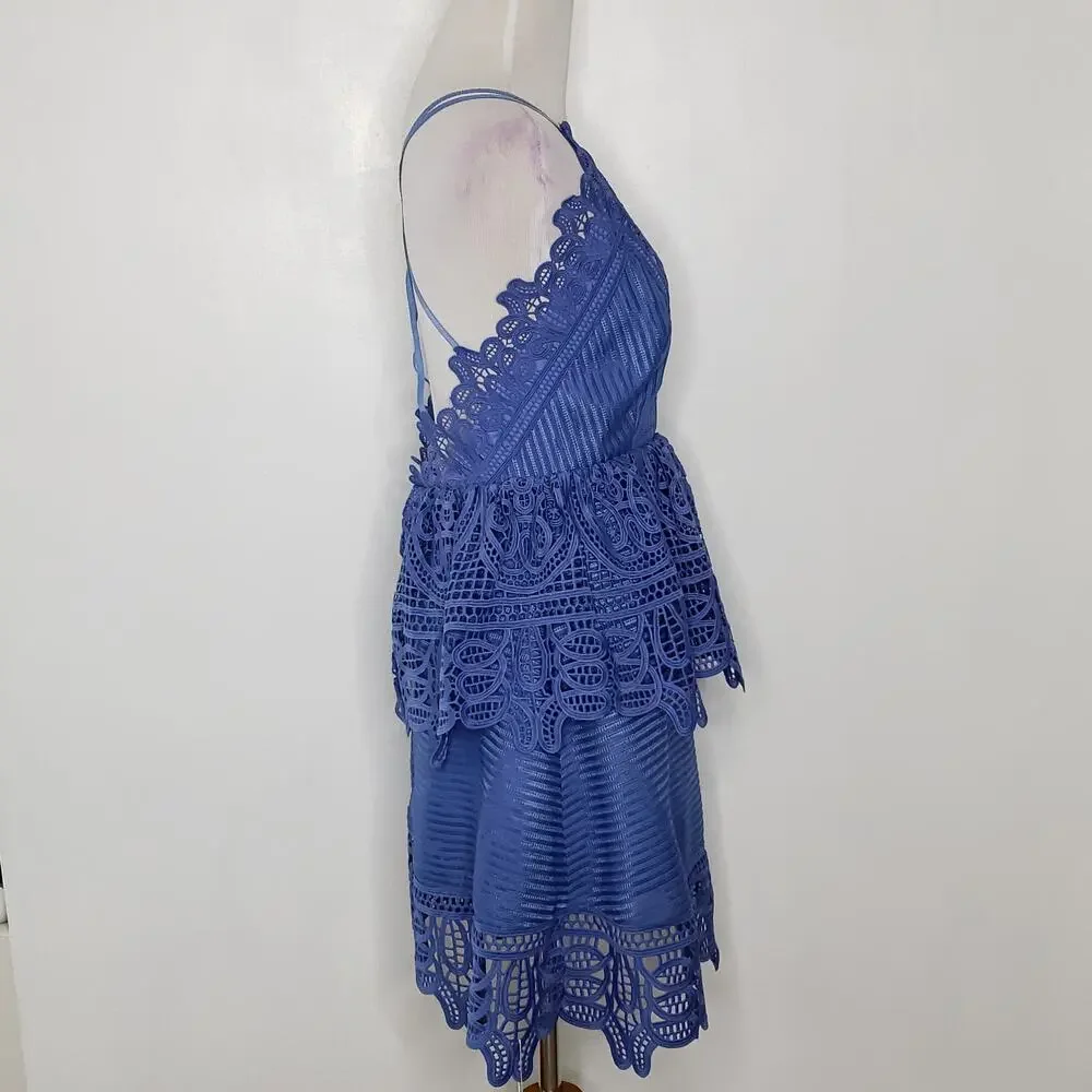NEW self-portrait Lace Peplum Dress Blue Plunging Neck Revolve Women 2 - Picture 3 of 15